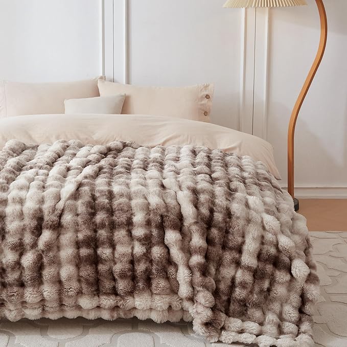 COOVA Faux Fur Throw Blanket for Couch, Cozy Soft and Fuzzy Plush Rabbit Fur Bubble Blanket for Sofa Bedroom Living Room, 60x80 Inches Tie Dye Brown