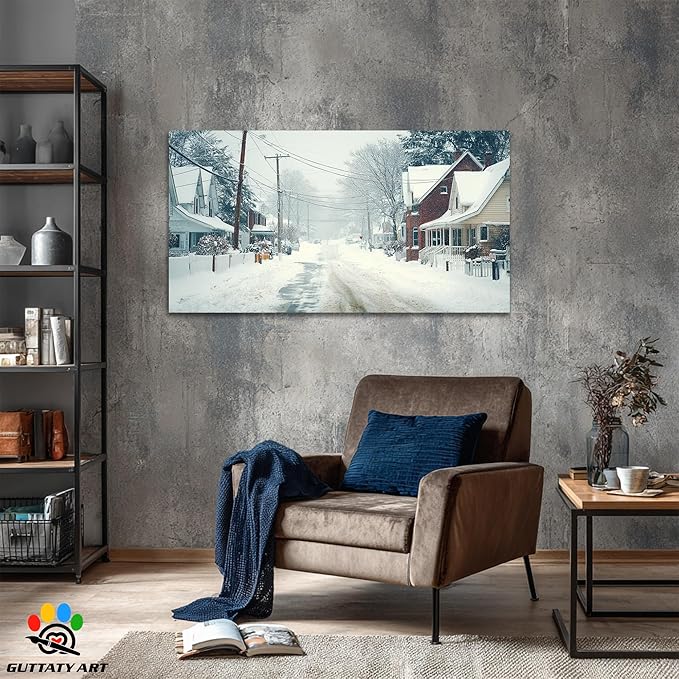 GUTTATY Christmas Winter Scene Canvas Wall Art, Snowy Neighborhood Pictures, Home Canvas Artwork, Subtle Poster Print, Cozy Wall Decor for Living Room, Bedroom, Holiday Hanging Artwork, 60x30 Inch