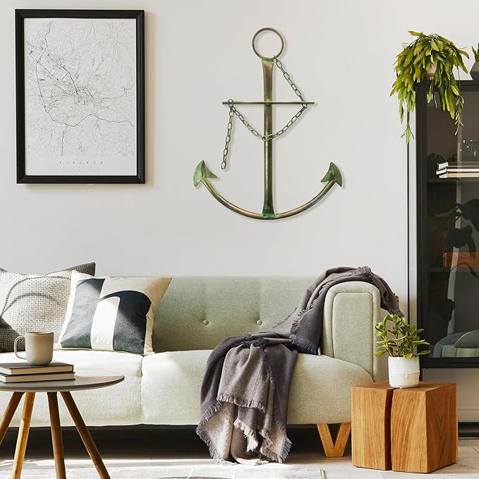 Nautical Anchor Wall Art, Metal Anchor With Chain for Bedroom, Living Room, Dorm, Home - 13" Green