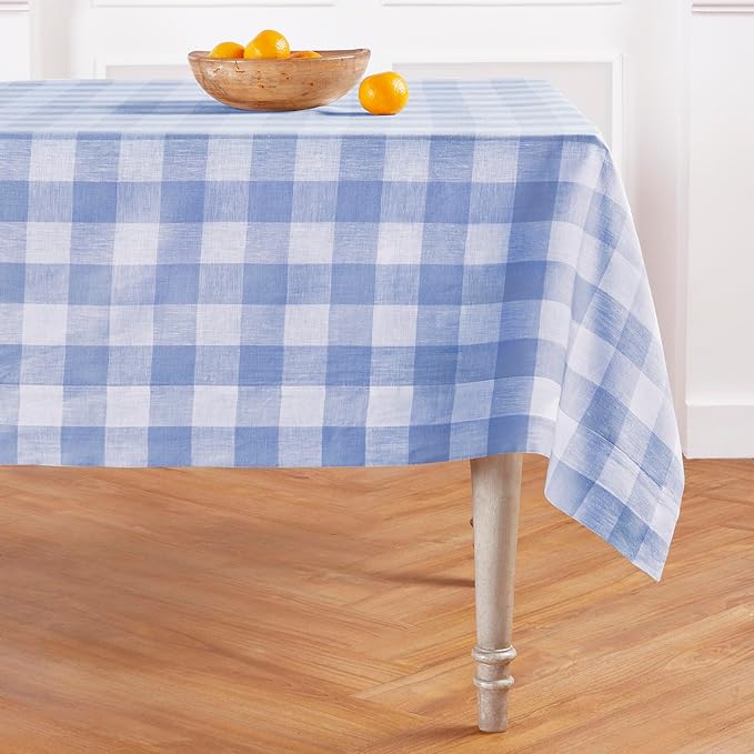 Solino Home Linen Checkered Tablecloth 60 x 90 Inch - 100% Pure Linen Hydrangea Blue Buffalo Plaid Table Cloth for Rectangle Tables - Machine Washable Tablecloth