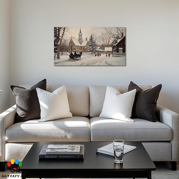 GUTTATY Winter Christmas Canvas Wall Art, Snow Village Scene Canvas Prints, Classic Church Horse Sleigh Wall Painting, Country Winter Pictures Decor for Living Room, Farmhouse, Entryway, 16x8 Inch