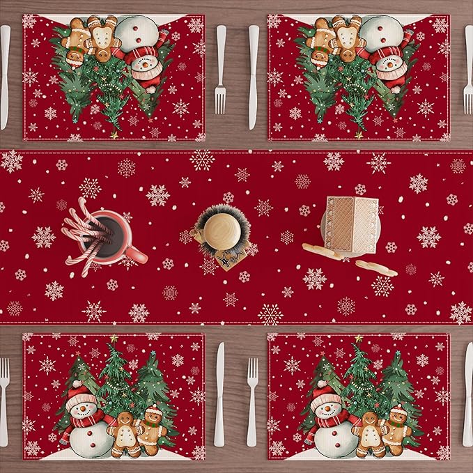 XCHI Winter Red Snowman Gingerbread Man Christmas Tree Xmas Placemats Set of 6 Table Mats for Party Home Kitchen Dining Table Decorations 12x18 Inch
