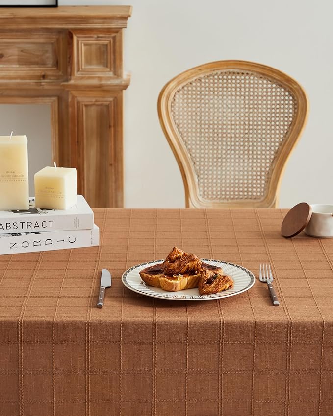 ZeeMart Linen Checked Table Cloth, Farmhouse Style Plaid Embroidered Caramel Tablecloth, Water Resistant Square Table Cloth, Caramel 52x52 Inches