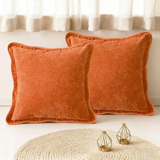 CaliTime Fall Throw Pillow Covers Decorative 18 X 18 Inches Pack of 2 Cozy Chenille Scalloped Wavy Edge Cushion Cases for Couch Sofa Bed Living Room Farmhouse Burnt Orange