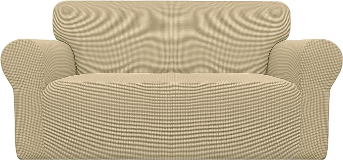 Easy-Going Stretch Loveseat Slipcover 1-Piece Sofa Cover Furniture Protector Couch Soft with Elastic Bottom for Kids Polyester Spandex Jacquard Fabric Small Checks (Loveseat, Beige)