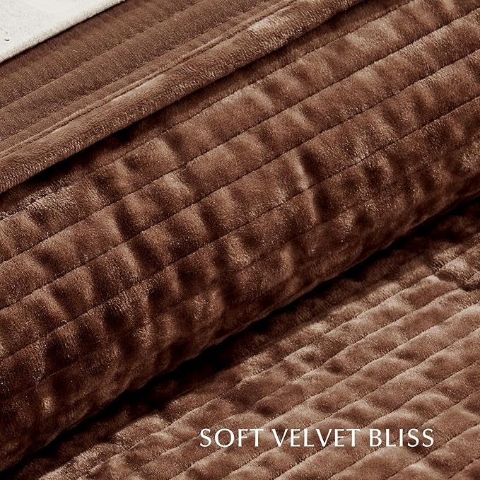 EverGrace Velvet Quilt Set Queen Size, Luxurious Soft Quilted Bedding Sets, Lightweight Velvet Comforter for All Season, Striped Channel Bedspread Coverlet with 2 Shams, Red Rust Brown