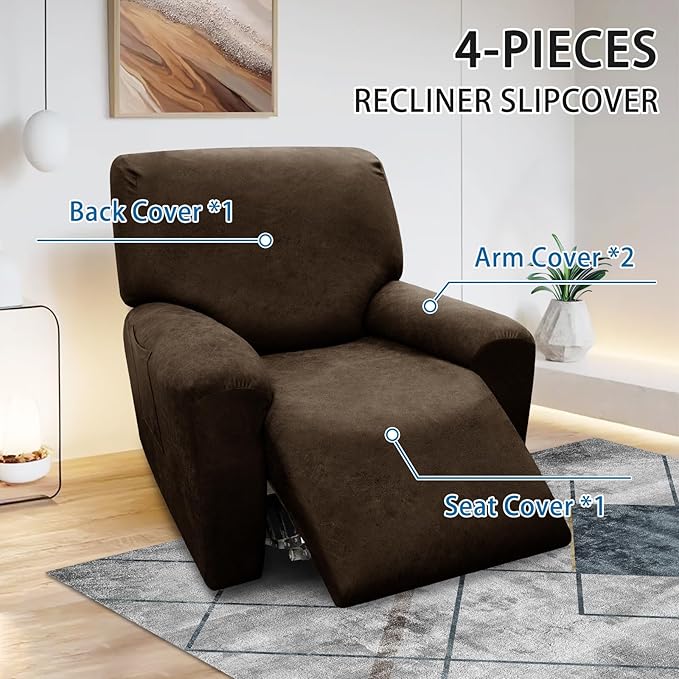 Chair Covers 4-Pieces Recliner Chair Covers 1 Seater Cover for Recliner Chair Leather Look Recliner Slipcovers with Pockets Spandex Fabric Furniture Covers(Recliner, Coffee)