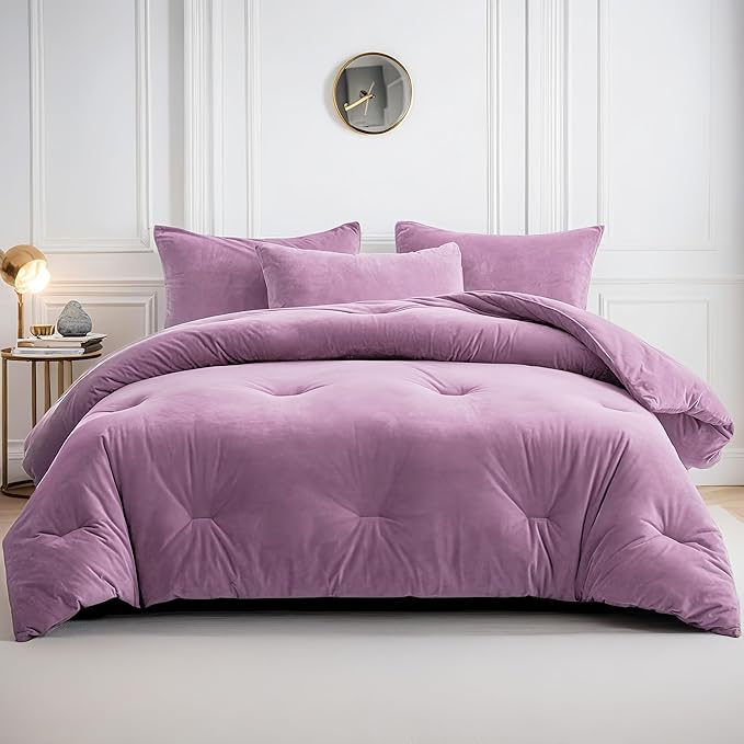 Velvet Comforter Set Twin Size, Light Purple Fluffy Velvet 3 Piece, Soft Breathable Luxury Winter Warm Bedding Sets, with 1 Cozy Comforter, 2 Pillow Shams (Lavendar)