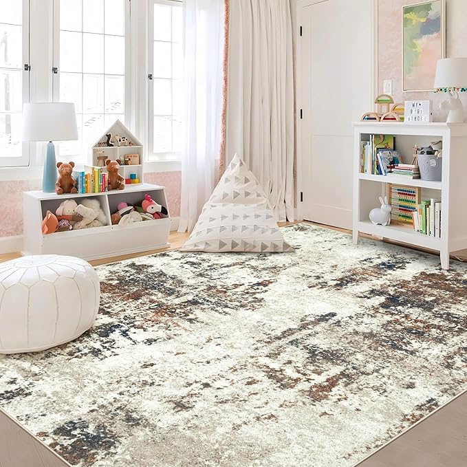 Living Room Rug 6x9 Rug, Machine Washable Modern Abstract Rug Soft Neutral Area Rug Non-Slip Stain Resistant Large Rugs for Living Room Dining Room Bedroom Dorm Office(Brown,6'x9')
