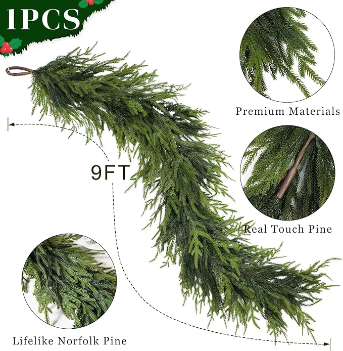 Artificial Norfolk Pine Garland - Faux Christmas Garland Fake Green Garland for Fireplace,Table, Stairs, Mantle, Window,Indoor Outdoor,Home,Holiday Decor (1 PCS,9 FT)