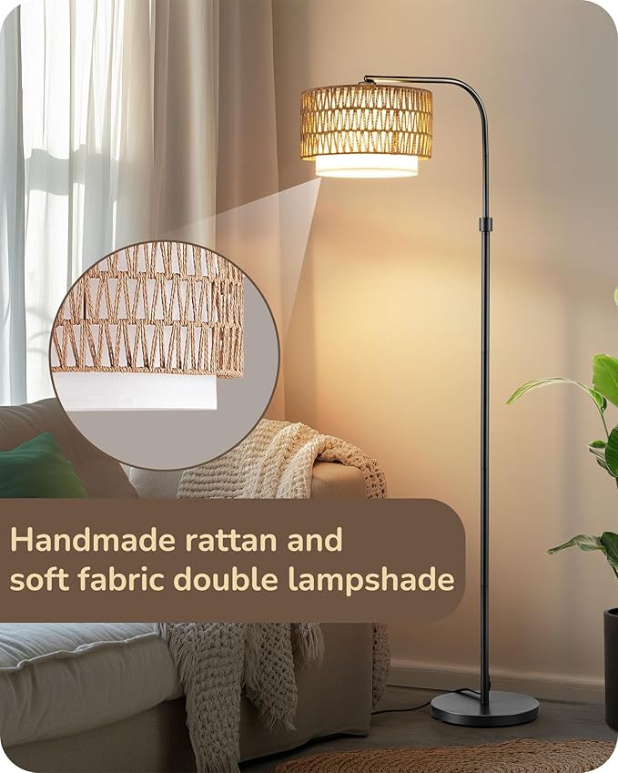 EDISHINE Arc Floor Lamps for Living Room Rattan Boho Floor Lamp with Remote Control,Dimmable Standing Lamp Wicker Lamp Shades Black Standing Lamp with 5 Color Temperature Tall Floor Lamps for Bedroom