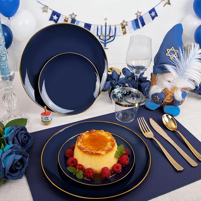 KIRE 175Pcs Blue Plastic Plates - Navy Blue Plates Disposable - 25 for Dinner 25 for Dessert 25 Pre Rolled Napkins with Gold Plastic Silverware and 25 Cups for Hanukkah/Birthday Party/Wedding