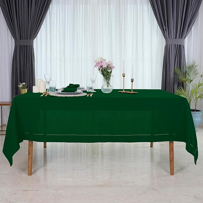 D'Moksha Homes Forest Green Linen Tablecloth for Rectangle Tables 60 x 84 Inch - Classic Hemstitch 100% Pure Linen Green Table Cloth - Machine Washable Dining Tablecloth for Thanksgiving, Christmas