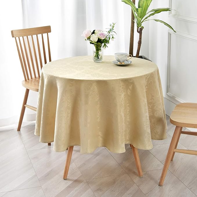 maxmill Jacquard Round Table Cloth Damask Design Waterproof Antiwrinkle Heavy Weight Soft Tablecloths for Circular Table Cover and Kitchen Dinning Tabletop Round 70 Inch Beige