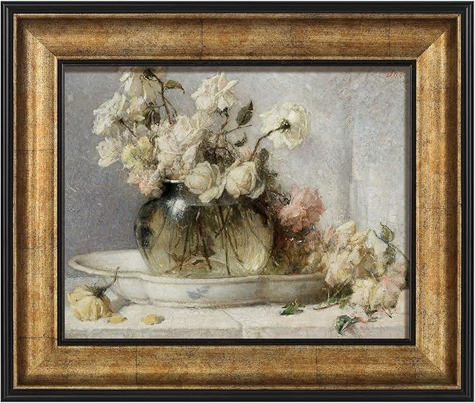 FOLKOR Canvas Wall Art Prints with Antique Gold Frame, 8x10 Floral Wall Decor for Kitchen Dining Room, 8 by 10 Picture Frame with Stand for Oil Paintings Posters Home Office Decoration (Roses)