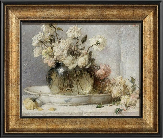 FOLKOR Canvas Wall Art Prints with Antique Gold Frame, 8x10 Floral Wall Decor for Kitchen Dining Room, 8 by 10 Picture Frame with Stand for Oil Paintings Posters Home Office Decoration (Roses)