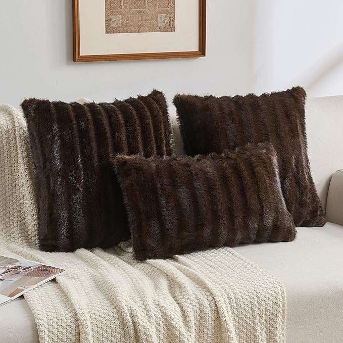 FUTEI Dark Coffee Decorative Throw Pillow Covers 22x22 Inch Set of 2,Soft Fluffy Faux Rabbit Fur Dyeing Striped Textured Cushion Case,Modern Home Decor for Couch Bed Living Room
