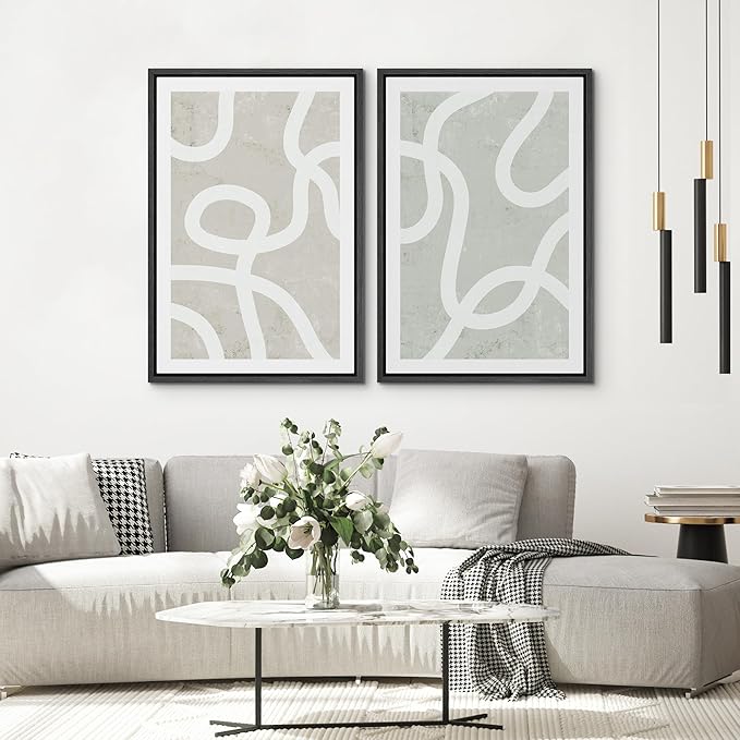 SIGNWIN Framed Canvas Print Wall Art Set Pastel White Swirl Pattern Collage Abstract Shapes Illustrations Modern Art Minimal Boho Relax/Calm for Living Room, Bedroom, Office - 24"x36"x2 Black