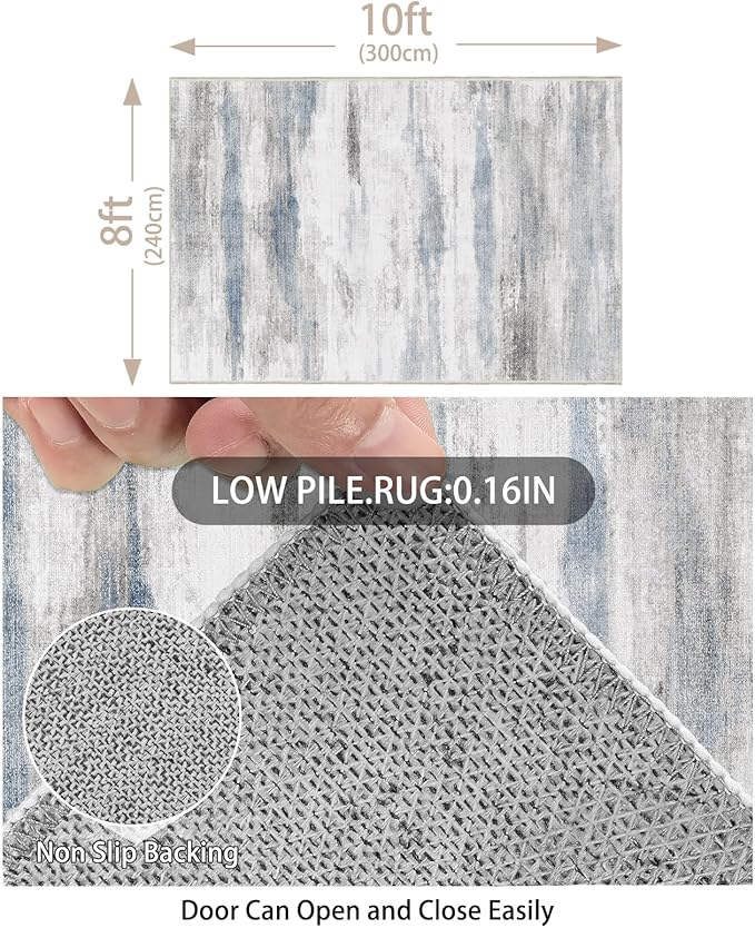 Enkor Area Rugs 8x10 Washable Non Slip Abstract Soft Rugs for Living Room Bedroom, Modern Mat for Kitchen Entryway Blue & Grey