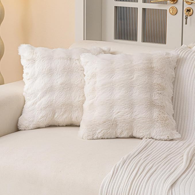 Faux Fur Throw Pillow Covers(Pack of Two, Beige White) 18×18 Inch Decorative Pillows Cover Neutral Soft Chenille Couch Pillows with Zipper Aesthetic for Living Room and Bedroom