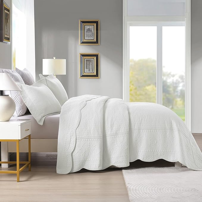 MarCielo 3-Piece 100% Cotton Oversized Bedspread Lightweight Quilt Coverlet Embroidery Farmhouse Bedding Set (TG Bright White, Oversized Queen (100"x106"))