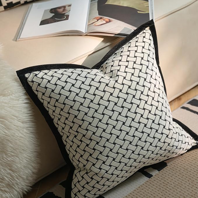 New 22x22'' inches Throw Pillow Cushion Covers - Woven Grid Black Chenille Jacquard Embroidery with Edge Strip Luxury Modern Style Couch Sofa Bed Pillow Cover for Living Room Bedroom