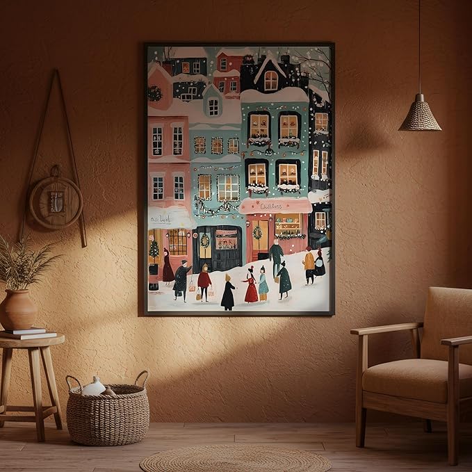 OZCONO Pastel Winter Town Wall Art for Christmas Decoration, Whimsical Snowy Village Scene for Seasonal Display, Retro Holiday Street Artwork, Cozy Xmas Home Accent, Noel Print (Unframed) (24x36)