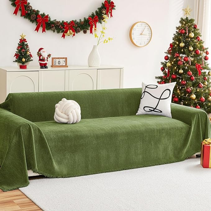 hyha Couch Cover for Dogs, Boho Sofa Covers for 3 Cushion Couch Washable, Chenille Sofa Slipcover for Pets, Soft Loveseat Sectional Couch Throw Blankets with Tassels (Green, 71x118 Inch)