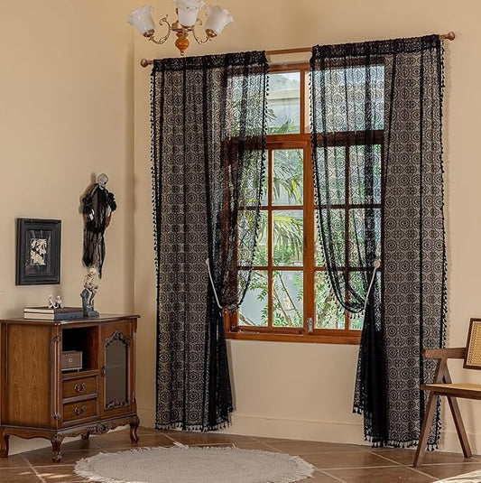 Black Lace Curtains Gothic 108 Inches Long Dark Bohemian Goth Curtains Vintage Halloween Sheer Curtain for Living Room Bedroom Privacy Witchy Gothic Victorian Décor 2 Panels W59 x L108 Black
