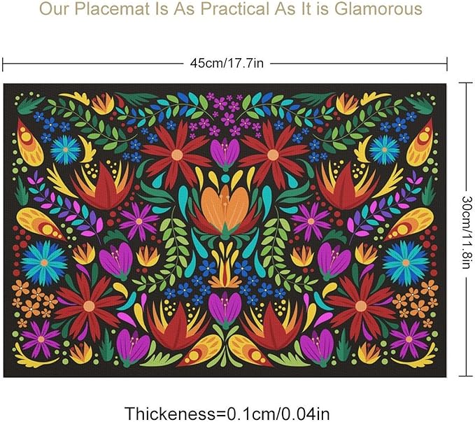Mexican Floral Placemat Set of 6, 12x18 Inch Boho Colorful Mexico Fiesta Talavera Birds Cinco de Mayo Stripes Coffee Vintage Table Mats for Outdoor Kitchen Dining Table Decoration