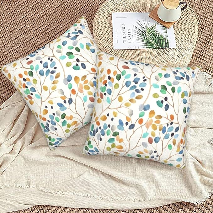 Spring Floral Pillow Covers 18x18 Inch Set of 2 Colorful Leaves Throw Pillow Cover Vintage Plant Flower Square Pillowcase Cushion Cases for Home Couch Bed Sofa