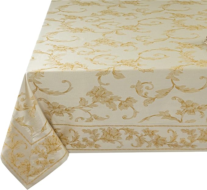 Benson Mills Harmony Scroll Woven Damask Fabric Tablecloth, Everyday, Parties, Special Occasions, Weddings and Holiday Table Cloth (60" X 104" Rectangular, Silver – Gold)
