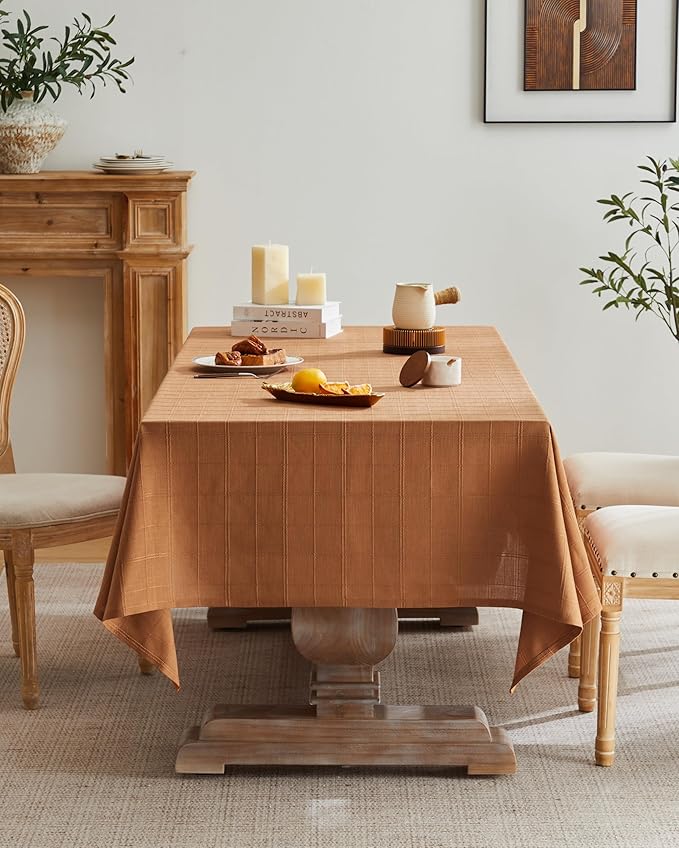 ZeeMart Linen Checked Table Cloth, Farmhouse Style Plaid Embroidered Caramel Tablecloth, Water Resistant Rectangle Table Cloth, Caramel 60x104 Inches