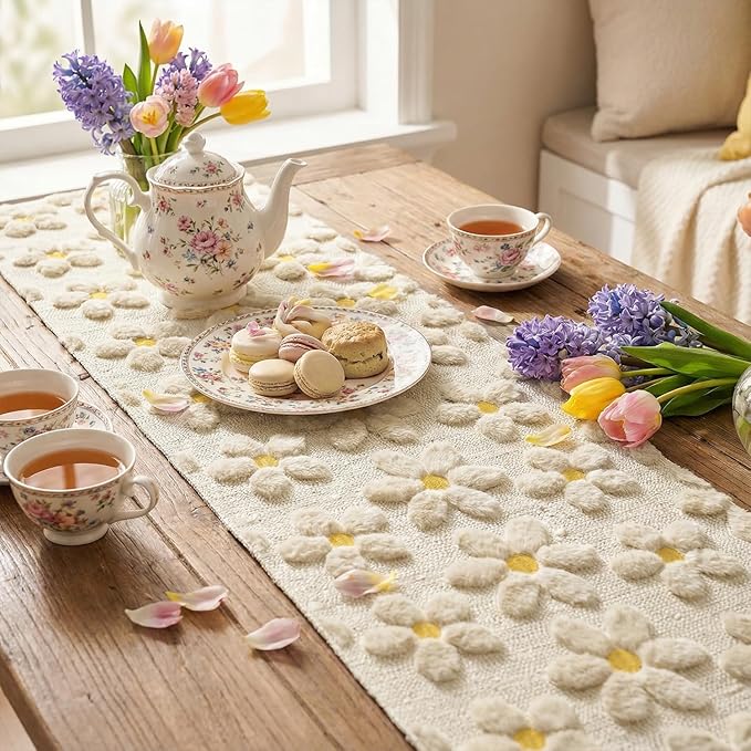 Artoid Mode Beige Soft Plush Faux Fur Jacquard Embroidery Daisy Spring Table Runner, Kitchen Dining Table Decoration for Home Party Decor 13x108 Inch