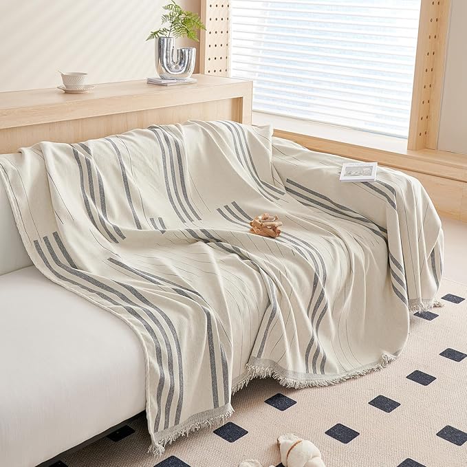 DREAMINGO Couch Cover Reversible Chenille Loveseat Sofa Covers for Dogs Pets Beige Grey Couch Protector for 2 Cushion Couch Sofa Vertical Stripe Jacquard Sofa Slipcover Sectional, 71"x118"