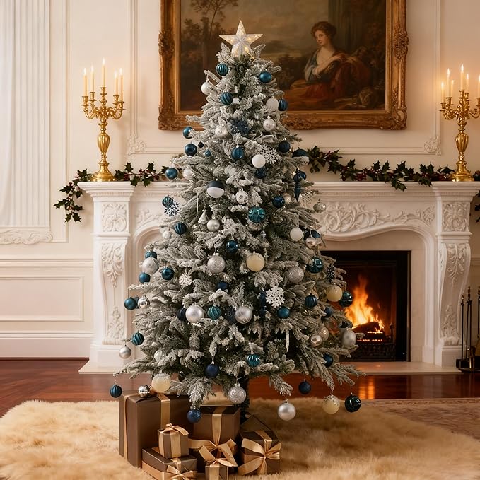 6ft Snow Flocked Prelit Christmas Tree Decorations with 200 Dual-Color LED Lights, Lighted Artificial White Xmas Tree for Indoor Decor,Mantel & Entryway with 1382 Tips, Metal Stand,Plug-in