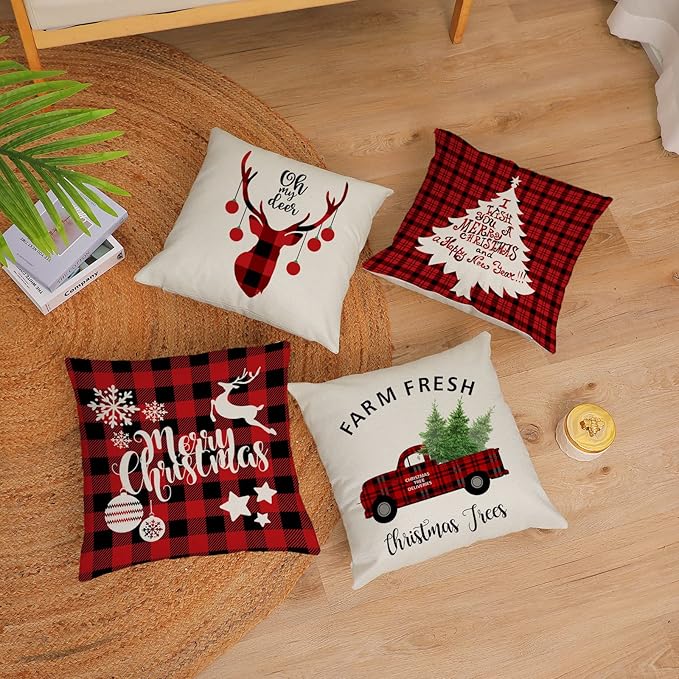 Neatee Living Christmas Pillow Covers 12x12 Set of 4 Red Xmas Vintage Throw Pillows Christmas Tree Deer Snowman Pillow Cases Outdoor Sofa Couch Cushion Covers for Home Decorations (12 by 12)