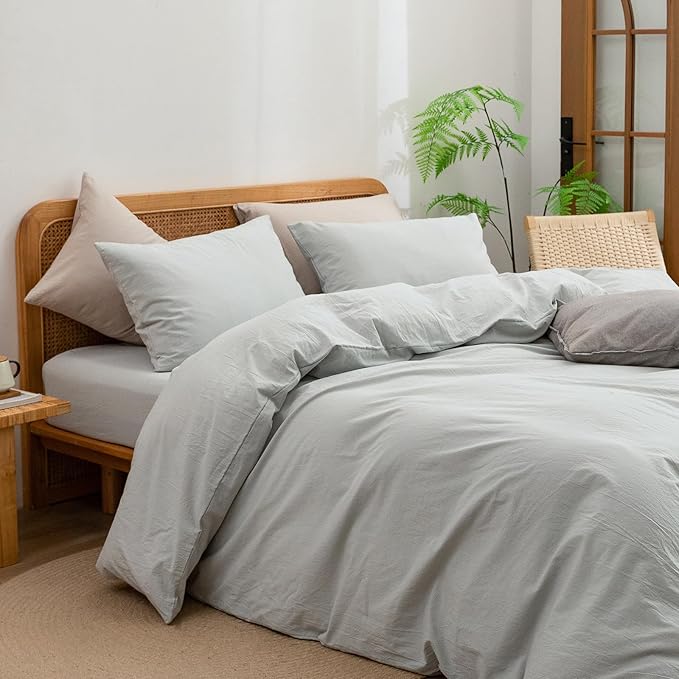 BESTOUCH Duvet Cover Set 100% Washed Cotton Linen Feel Super Soft Comfortable Chic Lightweight 3 PCs Home Bedding Set Solid Northern Droplet Grey Queen