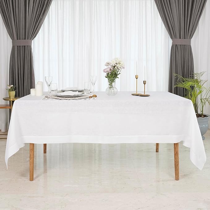 D'Moksha Homes White Linen Tablecloth for Rectangle Tables 60 x 90 Inch - 100% Pure Linen White Table Cloth - Classic Hemstitch, Machine Washable Tablecloth for Fall, Thanksgiving, Christmas, Holiday