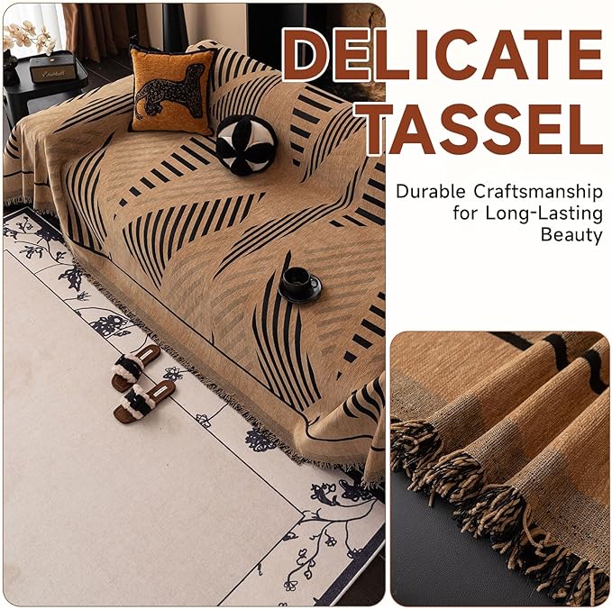 VClife Boho Couch Cover Washable Sectional Sofa Cover, Pet Couch Cover for Loveseat Versatile Coffee Black Geometry Sofa Throw Cover for L-Shape Sofa - Anti Slip Couch Sofa Cover for Dog 71"x118"