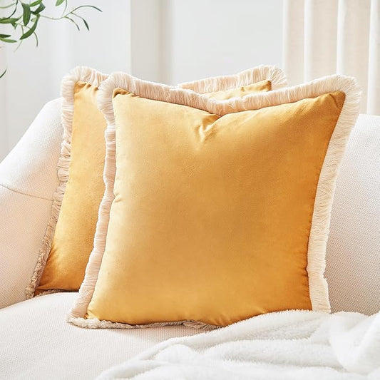MONDAY MOOSE Decorative Throw Pillow Covers Cushion Cases, Set of 2 Soft Velvet Modern Fringe Tassel Designs, Mix and Match for Home Decor, Pillow Inserts Not Included (Yellow, 16x16 inch)