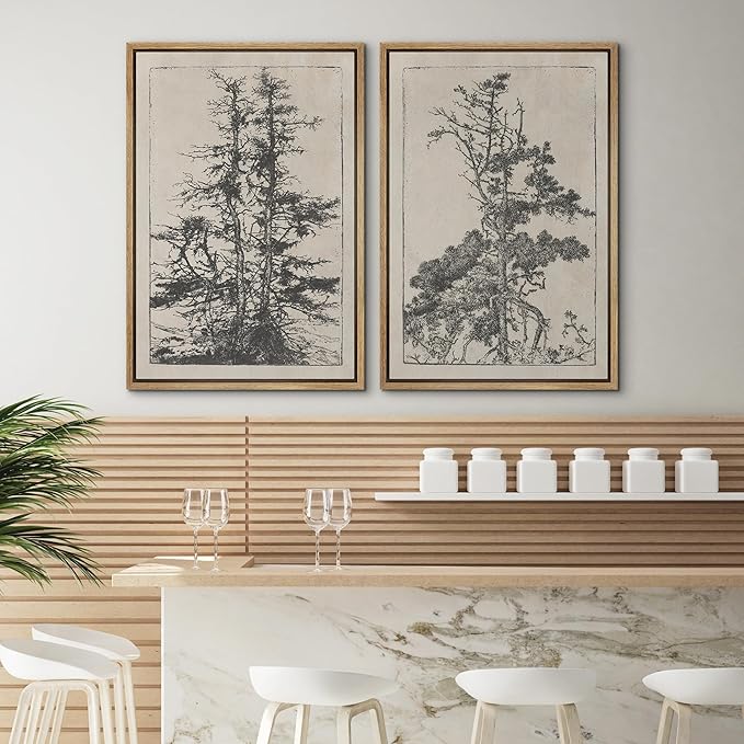 SIGNWIN Framed Canvas Print Wall Art Set Vintage Botanical Tree Sketches Illustrations Modern Art Minimal Boho Relax/Calm for Living Room, Bedroom, Office - 24"x36"x2 Natural