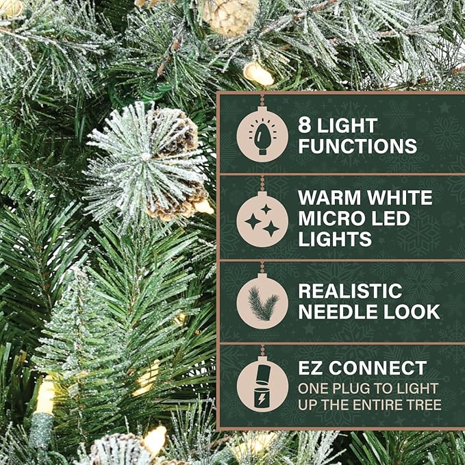 Fraser Hill Farm 6.5-Feet Pre-Lit Buffalo Fir Green Slim Artificial Christmas Tree with Warm White LED String Lights, Realistic Foliage, Lightly Flocked with Pinecones, Stand Included