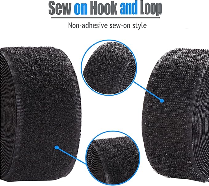 Sew on Hook and Loop Style 3/4 Inch Non-Adhesive Back Nylon Strips Fabric Fastener Non-Adhesive Interlocking Tape Black,12.6 Yard