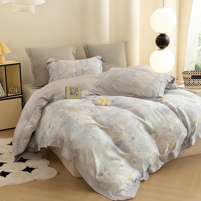 ECOCOTT Bedding 3-Piece Duvet Cover Set King Size – Silky Soft 100% Lyocell, Cooling & Breathable for Hot Sleepers, Misty Bloom Floral Pattern, Moisture-Wicking Luxury