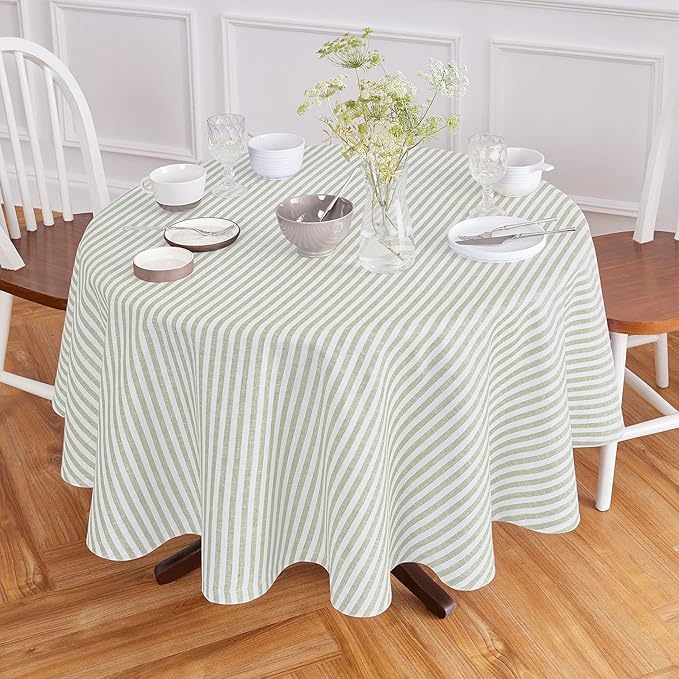 Solino Home Linen 60 Inch Round Tablecloth - Amalfi Stripe, 100% Pure Linen Sage and White Round Tablecloth - Machine Washable Table Cloth for Fall, Autumn, Thanksgiving, Christmas, Winter