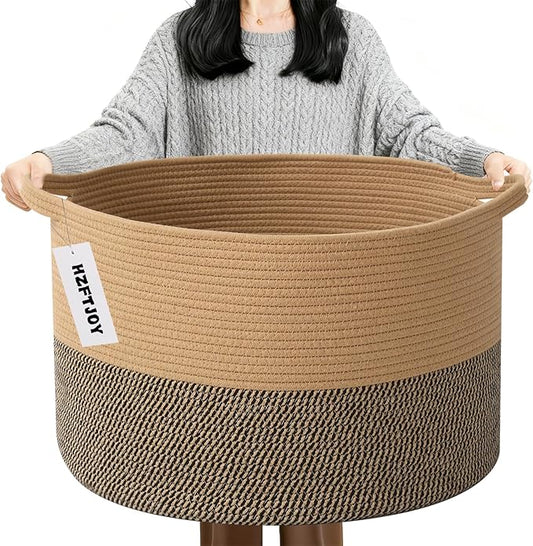 Large Blanket Basket for Organizing,65L Closet Organizers and Storage Bins Box for Shelves Woven Rope Storage Baskets,Living Room,Bedroom,Dorm,Laundry room (Jute&Black)