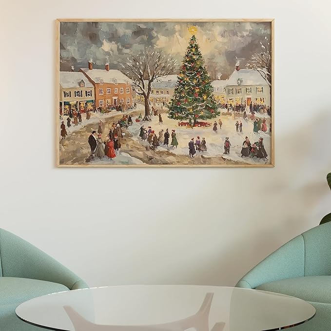 Vintage Winter Village Art for Holiday Home Decor, Snowy Christmas Tree Town Scene Wall Art, Xmas Print, Festive Winter Gathering Artwork, Classic Seasonal Christmas Decoration (Unframed) (24x36)