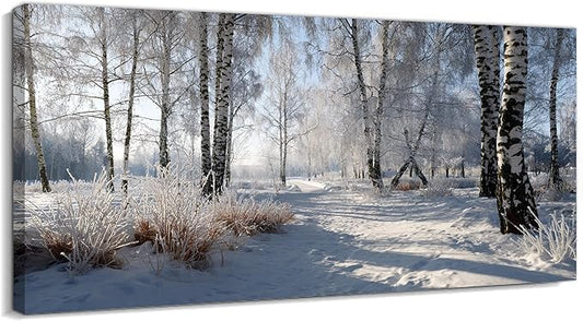 GUTTATY Christmas Winter Scene Canvas Wall Art, Snowy Forest Birch Tree Canvas Prints, Serene Blue White Painting, Peaceful Landscape Poster Picture for Living Room Bedroom Office, 24x12 Inch