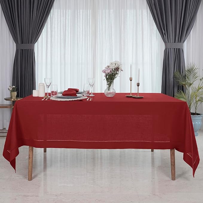D'Moksha Homes Red Linen Tablecloth for Rectangle Tables 60 x 84 Inch - Classic Hemstitch 100% Pure Linen Red Table Cloth - Machine Washable Dining Tablecloth for Thanksgiving, Christmas, Holiday
